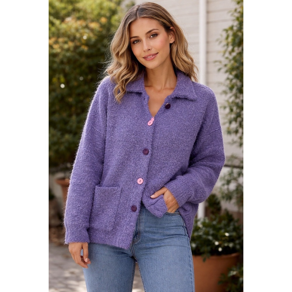 Vintage Knitworks‎ Marisa Christina Purple Wool Blend Sweater L Button Up Granny